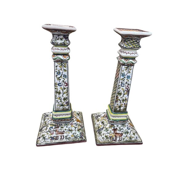 Portugal Pair folk art nature 13" tall column square candle holders SKU 9600 - Picture 12 of 12